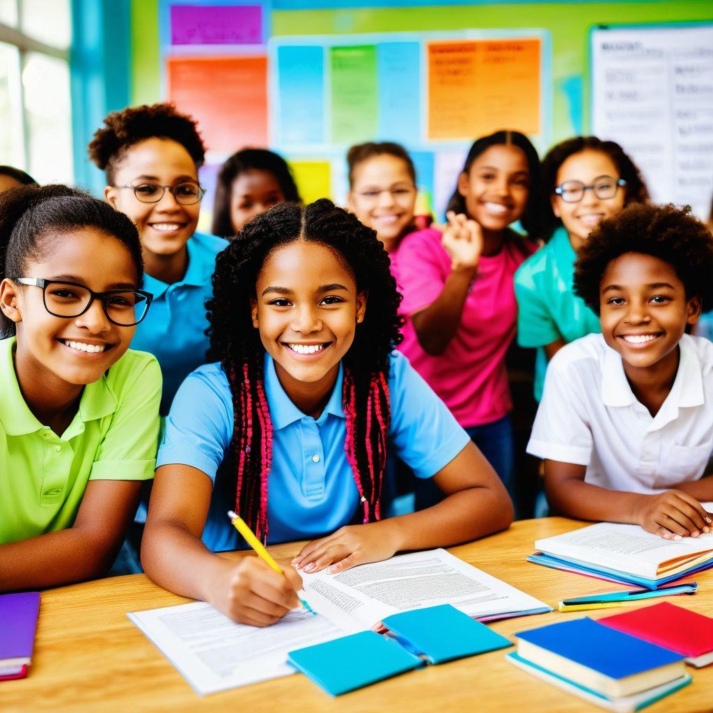 A diverse group of enthusiastic students actively participating in a vibrant classroom filled with colorful educational materials and interactive technology. The teacher guides them with a smile, showcasing teamwork and collaboration. Include elements symbolizing academic success, like books and awards in the background. Bright and uplifting atmosphere. super-realistic. vibrant colors.