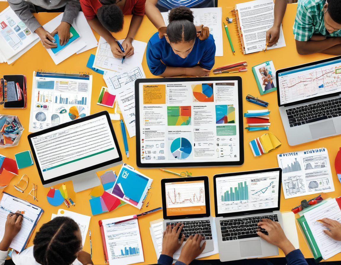 A collage of essential educational tools such as laptops, books, pens, notepads, and digital resources, integrated with images of diverse students and educators collaborating. The background features a classroom with a vibrant learning atmosphere, hints of technology like tablets and smartboards. Include infographics and charts symbolizing data and resources for academic success. super-realistic. vibrant colors. white background.